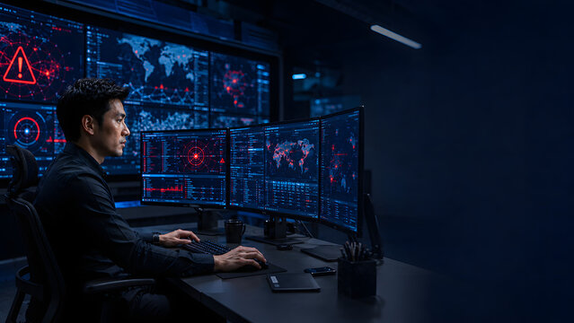Cybersecurity Engineer Using AI Threat Detection Software in Advanced Security Operations Center