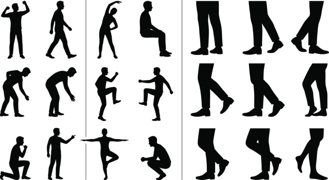 Human Body Pose and Walking Legs Silhouette Collection with Fitness, Movement and Gesture Reference Vector Set