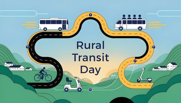 Rural Transit Day illustration with vehicles and landscape