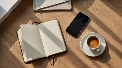 Open notebook, smartphone, and espresso cup on wooden desk with sunlight shadows © Sumon