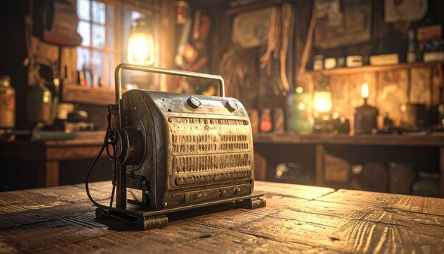 Vintage hand-cranked radio unit with exposed wiring and sturdy metal casing rests on a rustic wooden table