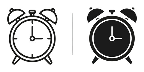 Classic alarm clock icons in outline and solid silhouette styles on a white background © NOYAN STOCK