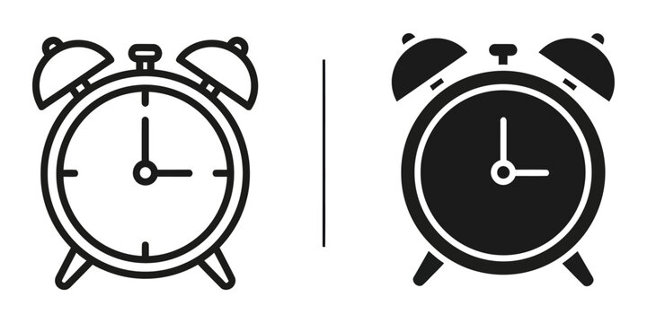 Classic alarm clock icons in outline and solid silhouette styles on a white background