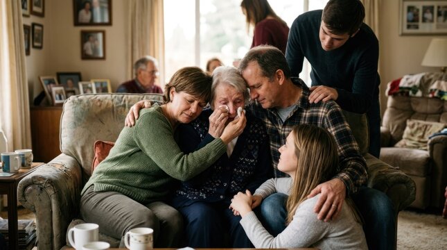 A family gathered in a living room, with a woman in a green sweater and a man in a plaid shirt, surrounded by other family members and a dog.