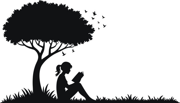 Silhouette of a girl reading a book under a large tree with birds flying on a white background vector
