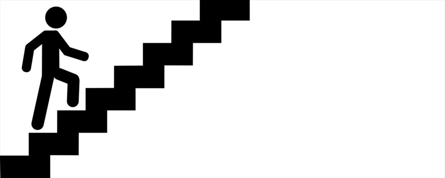 Stairs icon vector illustration, Up or down walkway ladder symbol sign, Man climbs the stairs, Climb Up Stair Sign Flat Icon Isolated, Walking up staircase or stairs sign in silhouette. warning sign.
