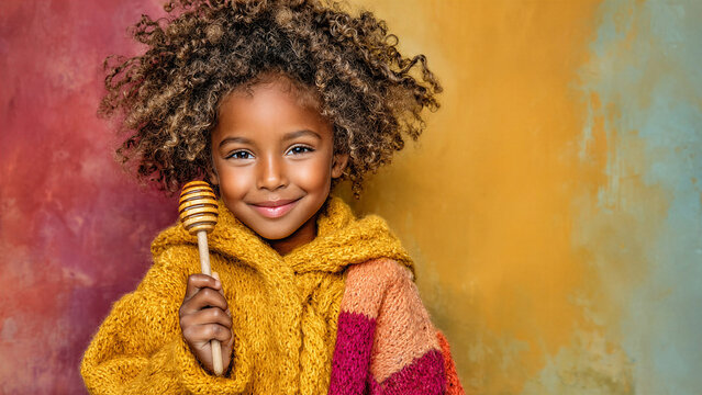 Smiling young black girl holding honey dipper in colorful sweater  