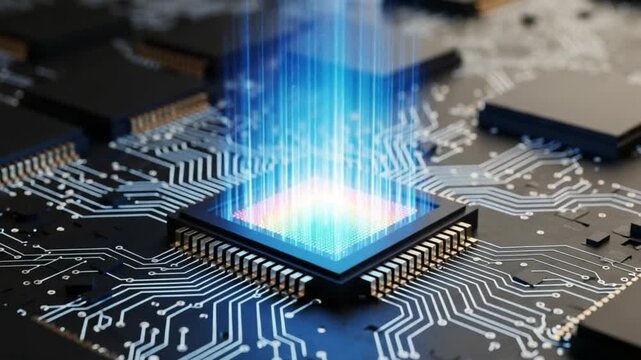 Hightech computer processor chip with glowing blue light beams on a circuit board