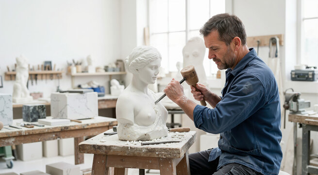 Male sculptor carving a white marble bust with a chisel and mallet. Artist working on a classical female statue in a bright studio. Fine art and craftsmanship concept