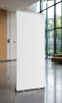 Blank Roll-Up Banner Stand Mockup in Modern Office Lobby Interior
