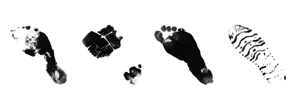 Set of human footprints, shoeprints, and bare feet prints in various shapes and sizes, showcasing detailed impressions on transparent background.