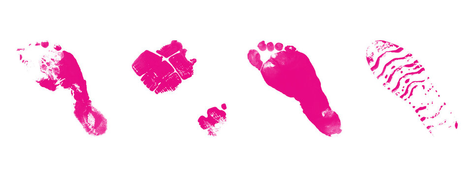 Pink footprint and shoe prints on transparent background, diverse footwear impressions indicating human activity and movement, isolated graphic elements for design.