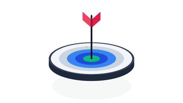 Animated isometric illustration of a red arrow hitting a bullseye target with sparkles
