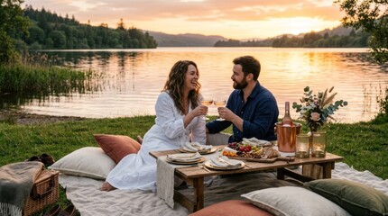 Fototapeta premium A couple enjoying a romantic picnic by a serene lake at sunset.