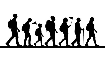 Obraz premium Silhouettes of People Hiking and Walking in a Row