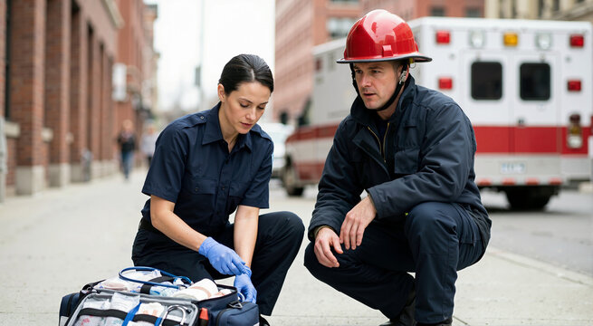 Paramedic and firefighter kneeling on a city street with an open medical trauma bag. First responders coordinating emergency rescue and first aid assistance. Ambulance in the background