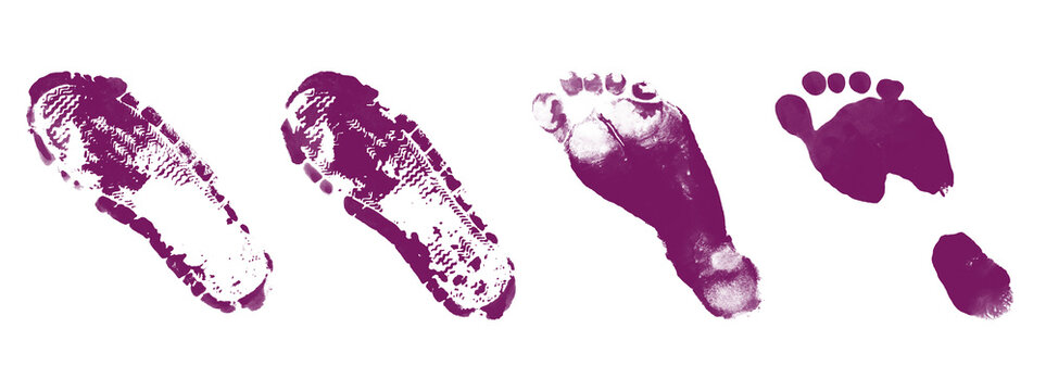 Purple footprints set of various shapes featuring human baby feet and boot marks isolated on transparent background for creative graphic design projects and art work.