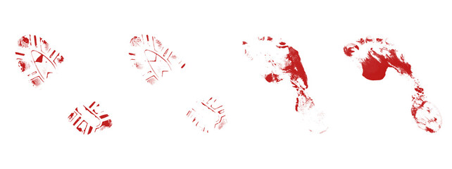 Bloody shoe prints isolated on transparent background illustrating criminal investigation scene or forensic evidence collection for forensic crime scene research report. © Creative Png