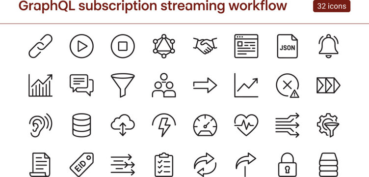 GraphQL Subscription Streaming Workflow Outline Icons Featuring Real Time Data Synchronization Event Processing and API Communication