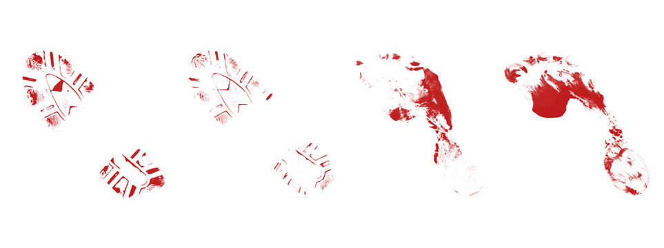 Bloody shoe prints isolated on transparent background illustrating criminal investigation scene or forensic evidence collection for forensic crime scene research report.