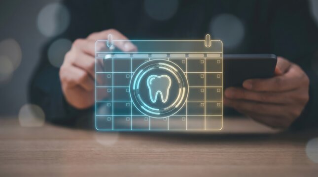 Dental Appointment Scheduling Concept: Holographic Calendar Grid and Tooth Icon Over Tablet in Corporate Office