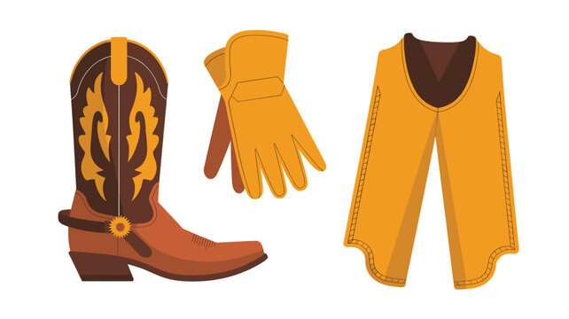 Detailed illustration of a brown leather cowboy boot, matching glove, and chaps displayed on a clean white background with warm tones.