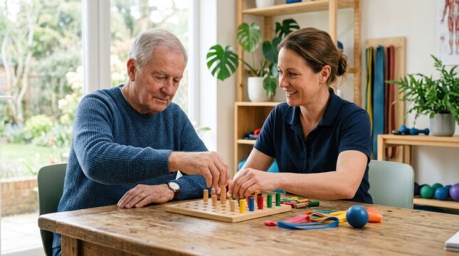An elderly man and woman playing a game of checkers at a wooden table in a cozy living room with green plants and a window in the background.