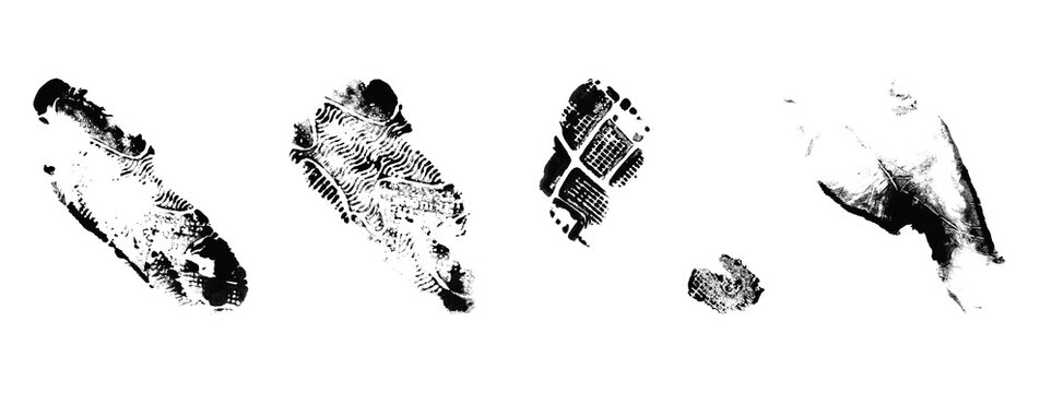 Black grunge footprint stamps collection featuring various boot sole textures and muddy hiking shoe trail imprints isolated on transparent background for creative graphic design.