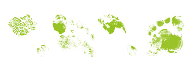 Lime green monster foot prints set on transparent background isolated creepy alien track collection horror muddy paw trail silhouette zombie footprint set wildlife track. © Creative Png