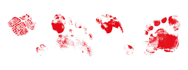 Red bloody monster foot prints set on transparent background isolated creepy alien track collection horror muddy paw trail silhouette zombie footprint set wildlife tracks. © Creative Png
