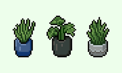 Fototapeta premium Pixel art of potted monstera and green lush plants, perfect for RPG game UI, retro video game asset, and pixel art interior decorations.