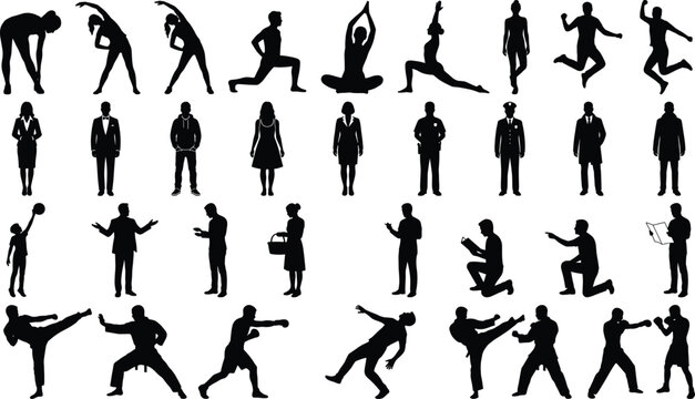 People Silhouette Collection with Yoga Poses, Business Professionals, Martial Arts and Human Activity Vector Set