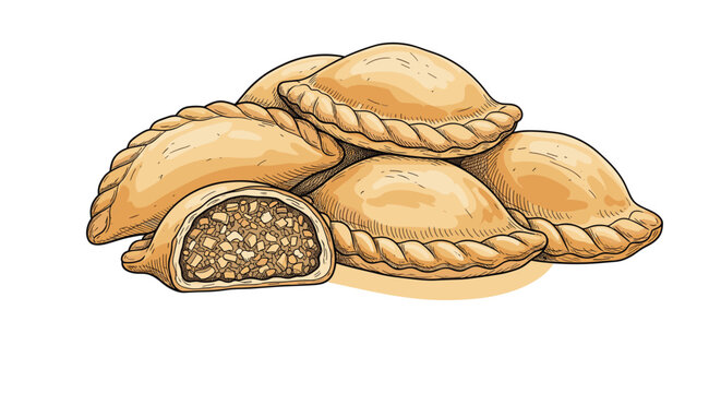 Pile of golden brown baked empanadas or savory pastries featuring a cross-section showing a delicious minced meat and vegetable filling.