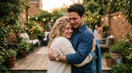 Obraz premium A man and a woman hugging in a cozy outdoor setting with warm lighting and greenery.