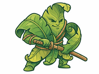 Fototapeta premium Cartoon Leaf Samurai Warrior with Sword, Nature Guardian