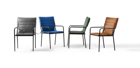 Fototapeta premium A set of modern black metal chairs with various colorful fabric cushions. Industrial-style armchairs featuring quilted seat pads in green, blue, brown, and grey, arranged in different angles, isolated