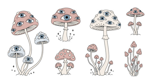 Collection of bizarre and surreal mushroom illustrations featuring multiple human eyes embedded in their caps in various pink and blue hues.