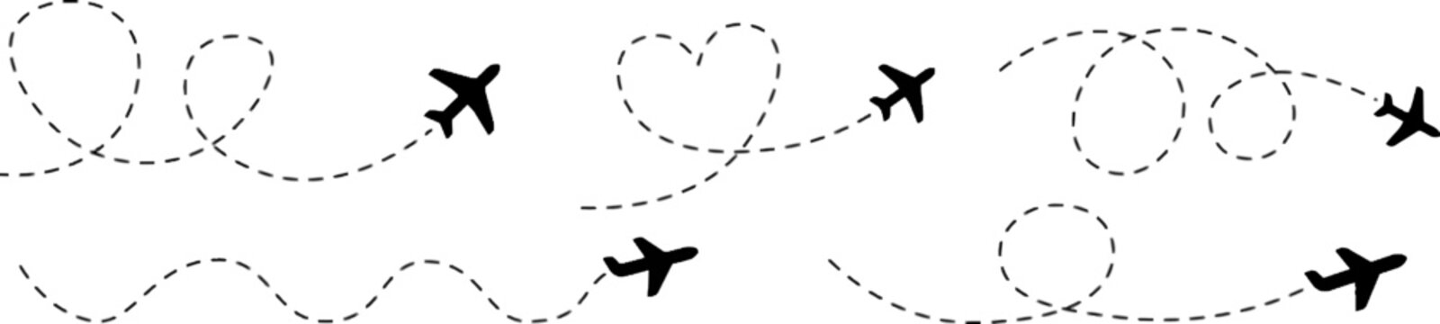 Airplane flight paths with dashed lines, travel journey concept