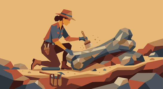 Minimalist flat vector illustration of a paleontologist in a geometric style, using sharp triangles and polygons for shapes,