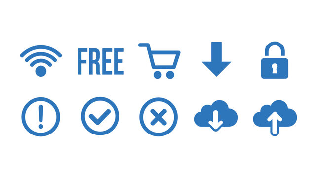Flat of free shipping delivery and online shopping symbols in blue truck