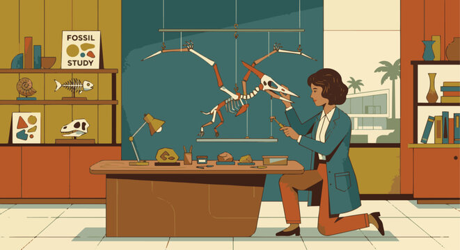 Mid-century modern flat vector style, textured geometric shapes, a paleontologist carefully assembling a pterosaur skeleton hangable display, retro color palette