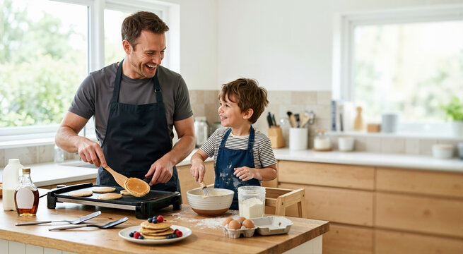 Father and young son cooking breakfast pancakes together in a modern kitchen. Dad flipping pancakes on a griddle while boy in apron whisks batter