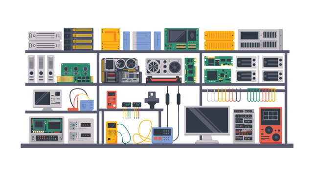 A modern electronics lab features organized server racks, test equipment, computer monitors, and circuit boards on clean, white shelving units.
