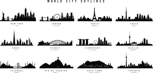 Naklejka premium World City Skylines Vector Silhouette Set: Famous International Capital Landmarks, Urban Buildings, and Global Travel Destination Graphics