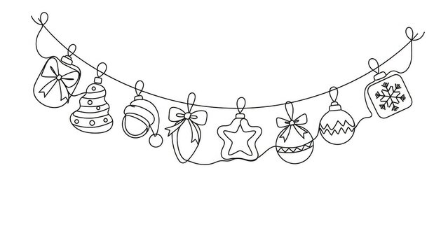 Black and white line drawing of christmas ornaments hanging on a string against a white background with illustration and holiday and decoration