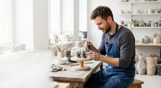 Smiling male artist in a blue apron sculpting a clay bear in a bright pottery studio. Caucasian man using a wooden tool to shape an animal figure on a turntable. Creative hobby and craft concept