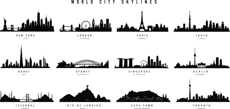World City Skylines Vector Silhouette Set: Famous International Capital Landmarks, Urban Buildings, and Global Travel Destination Graphics