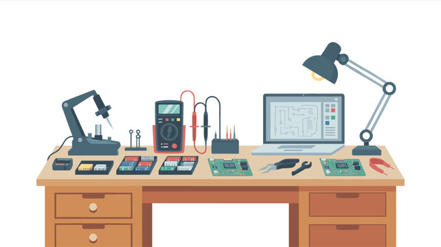 A clean, organized workbench features a soldering station, a digital multimeter, a laptop displaying schematics, and various small components.