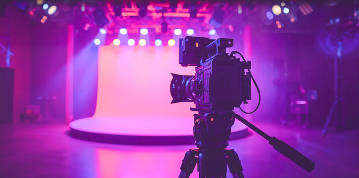 Professional cinema camera on tripod in neon television studio