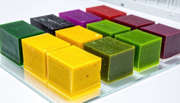 An organized array of vibrant synthesized nutrient blocks, each displaying a unique color and texture, resting on a clear surface.